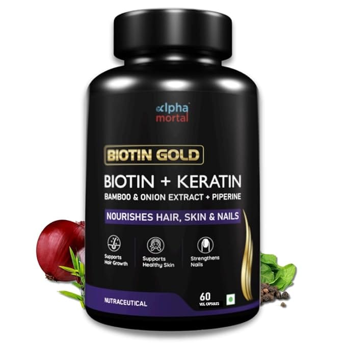 "Biotin Gold Biotin + Keratin supplement for hair fall control, healthy skin and strong nails"