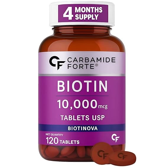 "Carbamide Forte Biotin 10000 mcg tablets for hair fall control, hair growth, skin and nail health"