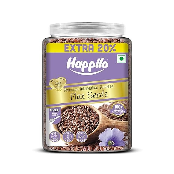 Happilo Premium International Roasted Flax Seeds jar – rich in fiber and omega-3"