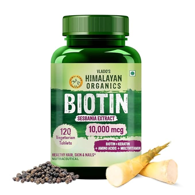 "Himalayan Organics Biotin 10000 mcg vegetarian tablets for hair fall control, hair growth, skin and nails health"