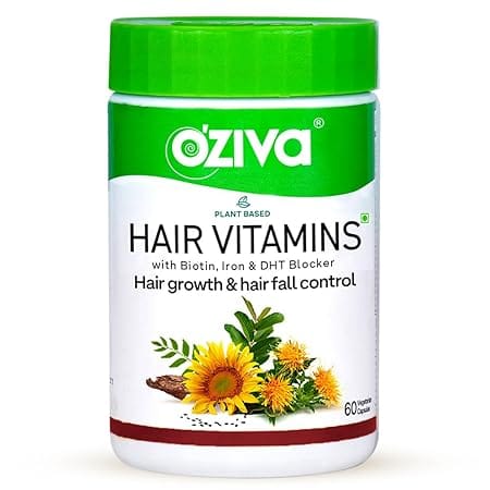 OZiva Plant Based Hair Vitamins with Biotin, Iron and DHT Blocker for hair growth and hair fall control"