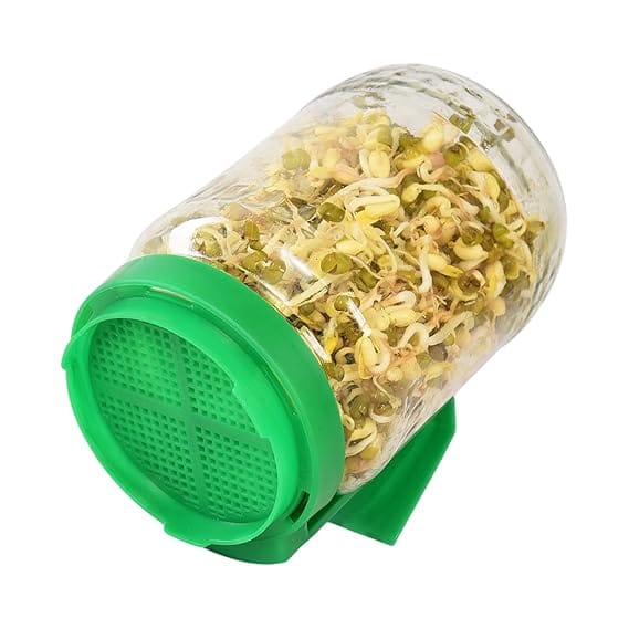 "Sprout Maker jar with green lid – easy kitchen tool for making fresh sprouts at home"