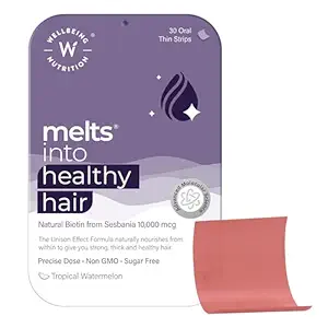 "Wellbeing Nutrition Slow Biotin Melts 10000 mcg strips for healthy hair growth and hair fall control"