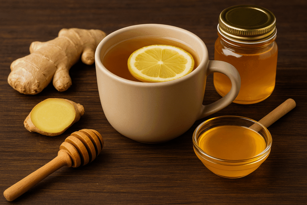 A warm cup of honey-ginger-lemon tea with fresh ginger slices, honey jar, and lemon on wooden table — natural remedy for cold and cough in changing weather.
