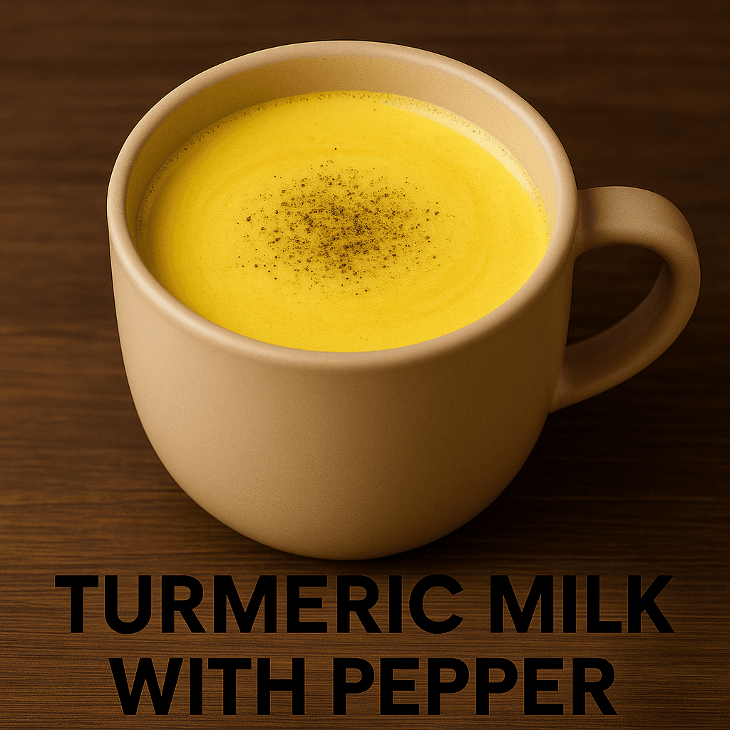 A beige cup filled with warm turmeric milk topped with black pepper, placed on a wooden table — a soothing natural remedy for cold and cough in changing weather.