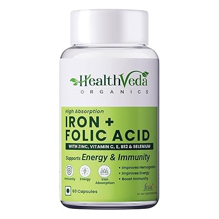HealthVeda Organics Iron and Folic Acid capsules with Zinc and Vitamins for strong hair growth and scalp nourishment - best vitamins for hair growth