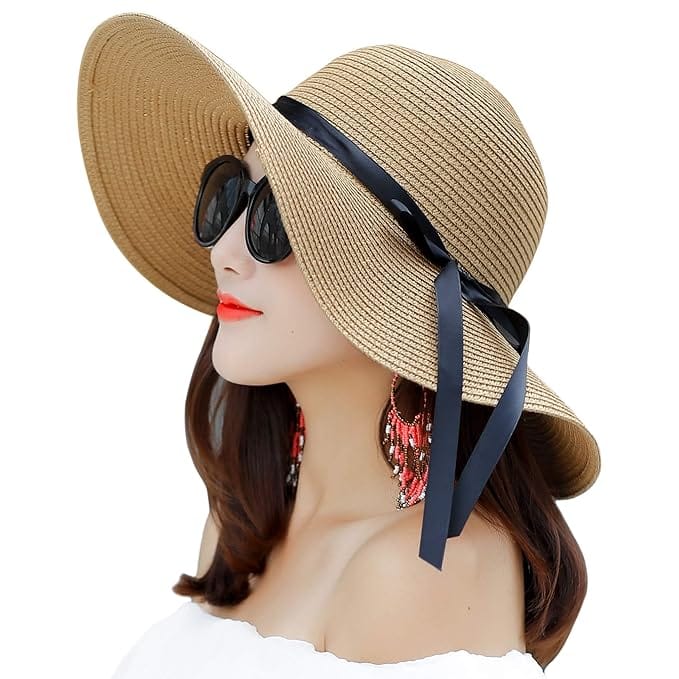 Women’s stylish wide brim sun hat with black ribbon for UV protection and summer fashion