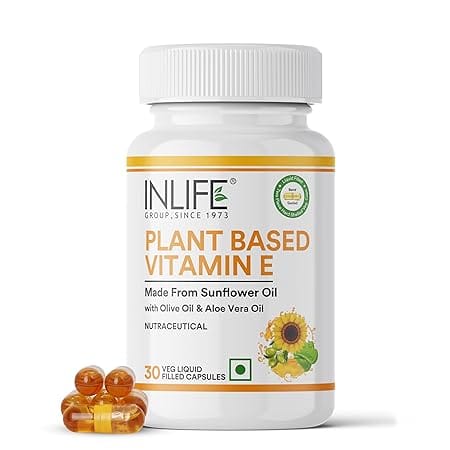 INLIFE Plant Based Vitamin E capsules made from sunflower oil for healthy hair growth and glowing skin - best vitamins for hair growth